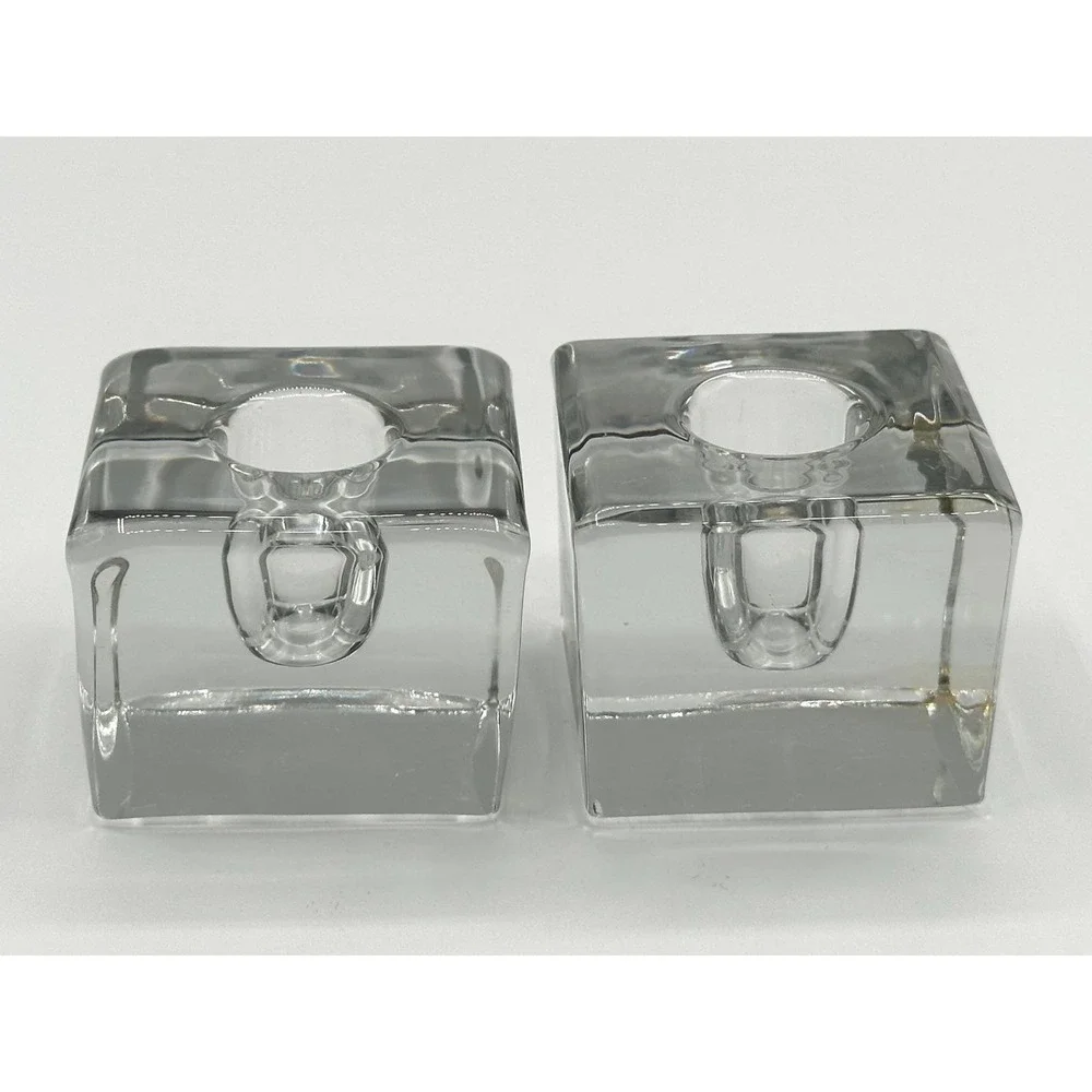 Vintage Clear Glass Cube Inkwell Set of 2 Heavy Mid-Century Modern Desk Decor